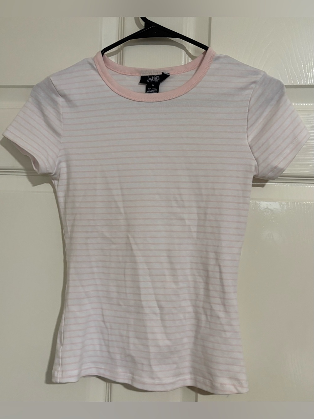 JustFab Short-Sleeve Crewneck Tee in White with Pale Pink Stripes